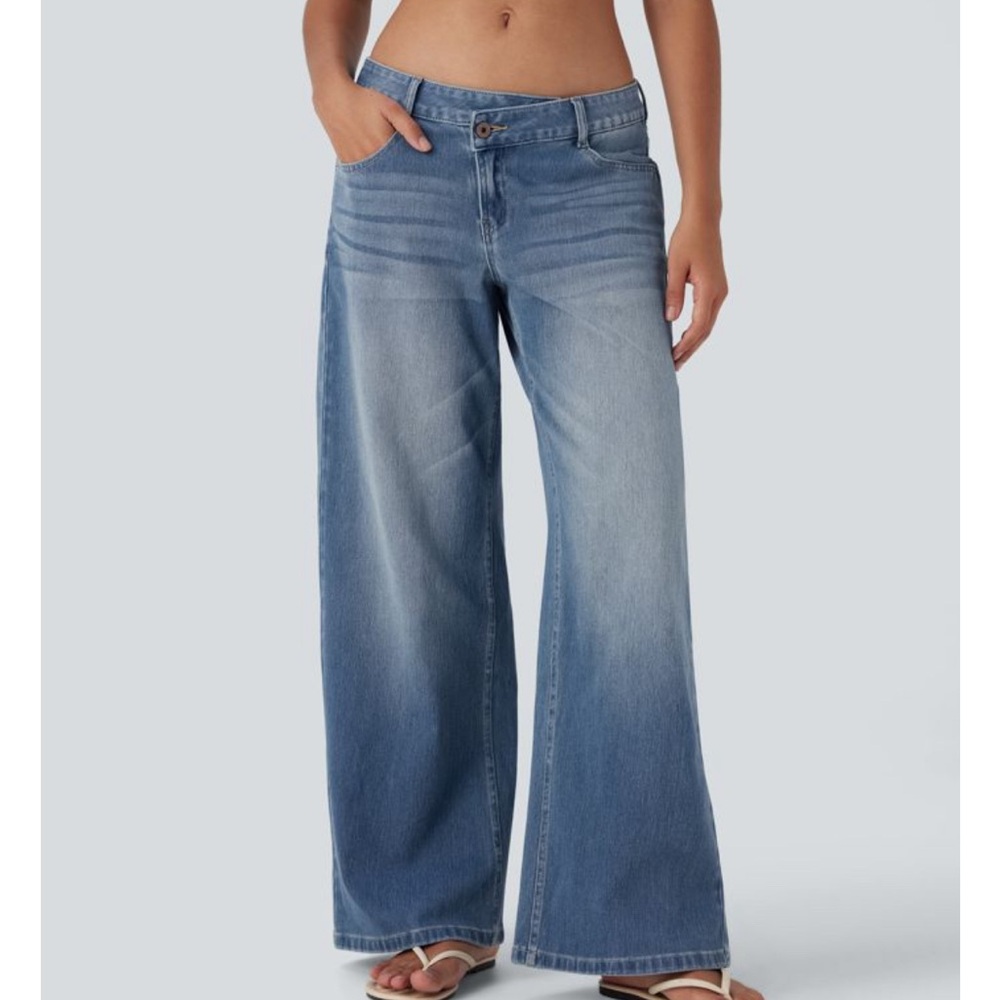 Halara Flex Asymmetric Low Rise Zipper Baggy Wide Leg Blue Surf Denim Sz. M-NWT - Picture 6 of 11